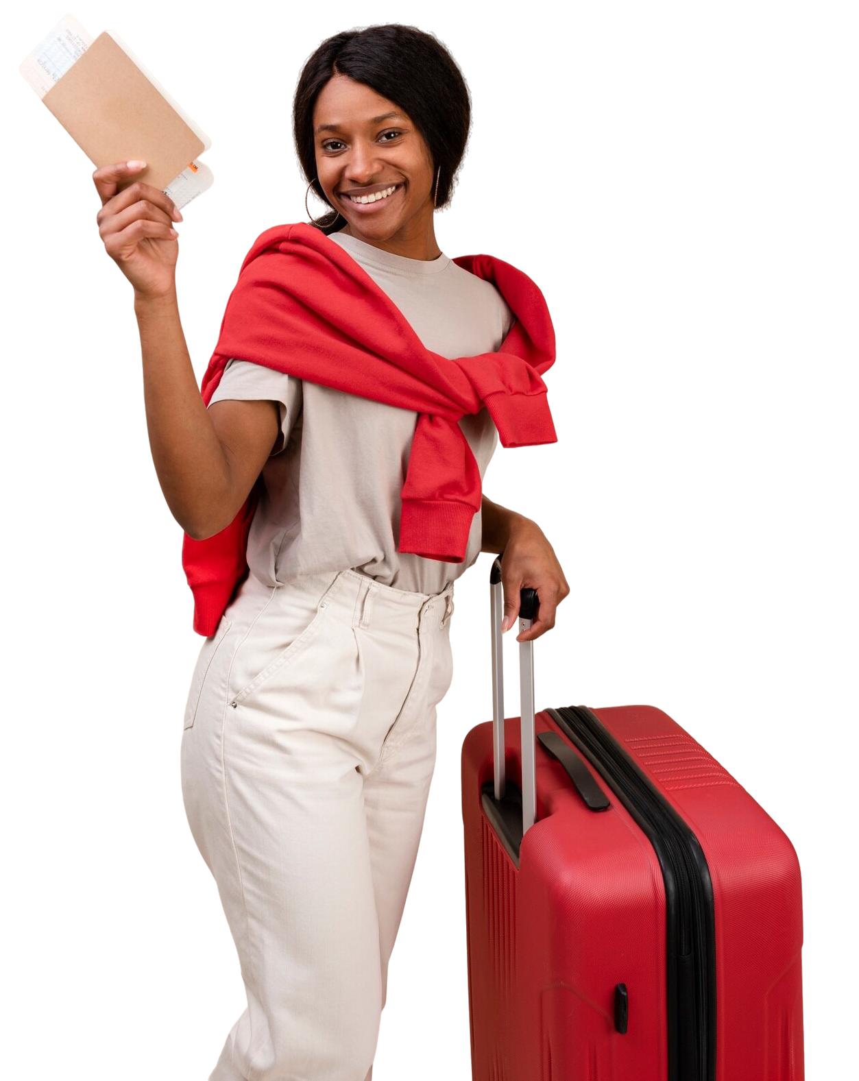 smiley-woman-with-red-baggage-medium-shot Traveler booking flight online in Nigeria with FlyBooking Arena
